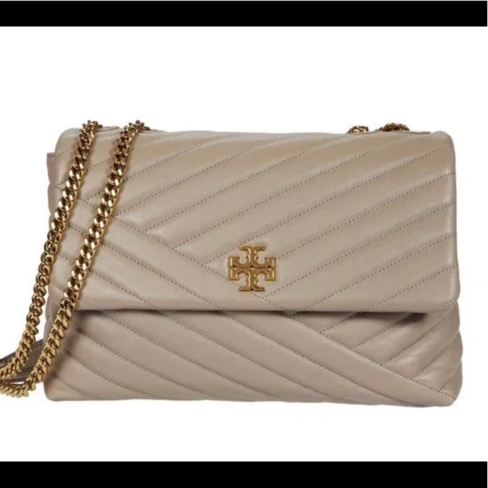 NWT Tory Burch Kira Chevron Quilted Leather Lg Shoulder Bag Gray Heron